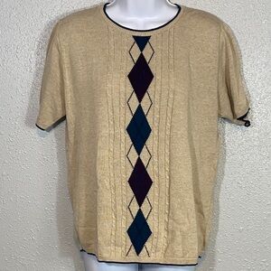 VNTG Alfred Dunner Beige Argyle Short Sleeve Knit Sweater